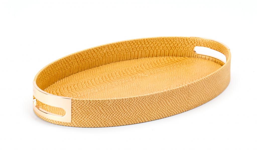 Fancy Gold Oval Leathered Tray With Eidkom Mubarak Phrase 3350g
