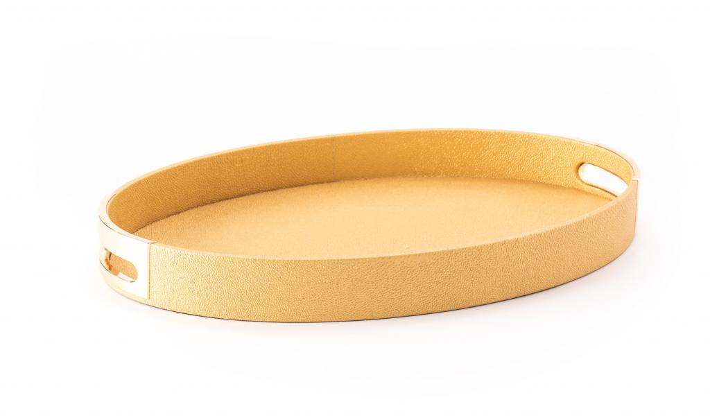 Fancy Gold Oval Leathered Tray With Eidkom Mubarak Phrase 1480g