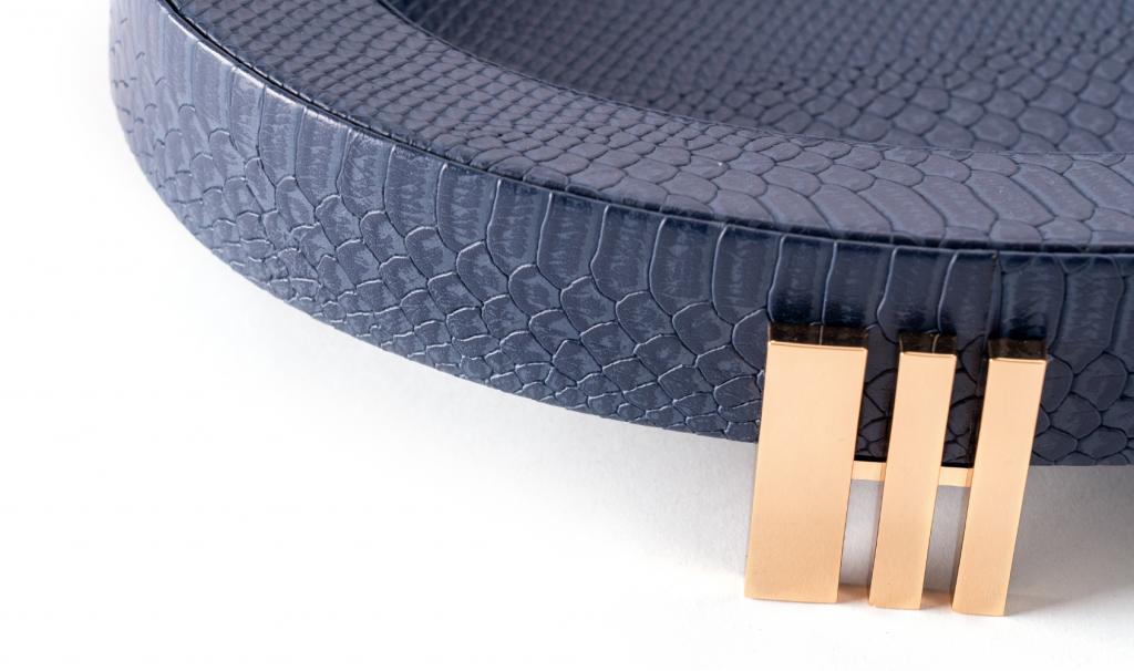 Fancy Dark Blue Oval With Legs Leathered Tray With Eidkom Mubarak Phrase 1290g