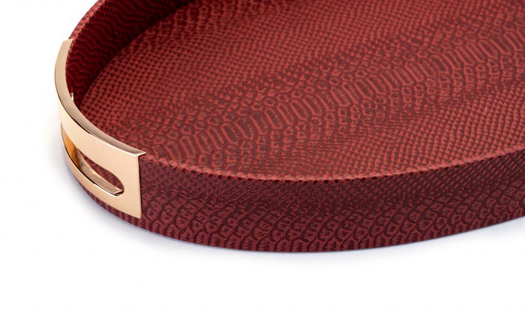 Fancy Dark Red Oval Leathered Tray With Eidkom Mubarak Phrase 3350g