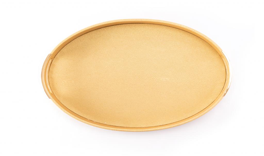 Fancy Gold Oval Leathered Tray With Eidkom Mubarak Phrase 1480g